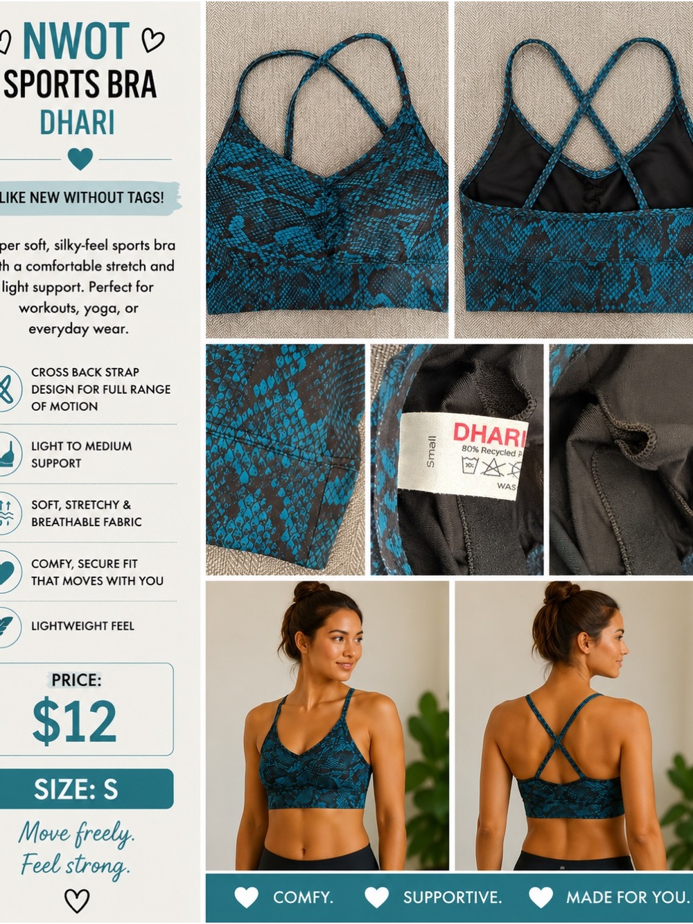 HARI Teal Snake-Print Cross-Back Sports Bra